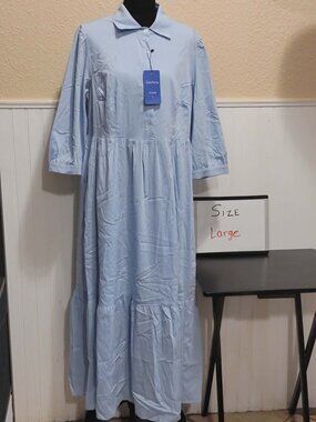 Chouyatou Womens Puff Sleeve Button Down Maxi Shirt Dresses Casual Loose Fit Tie